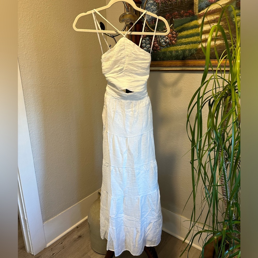 Effortless Sweetness White Ruched Lace-Up Tiered Midi Dress - Picture 5 of 8